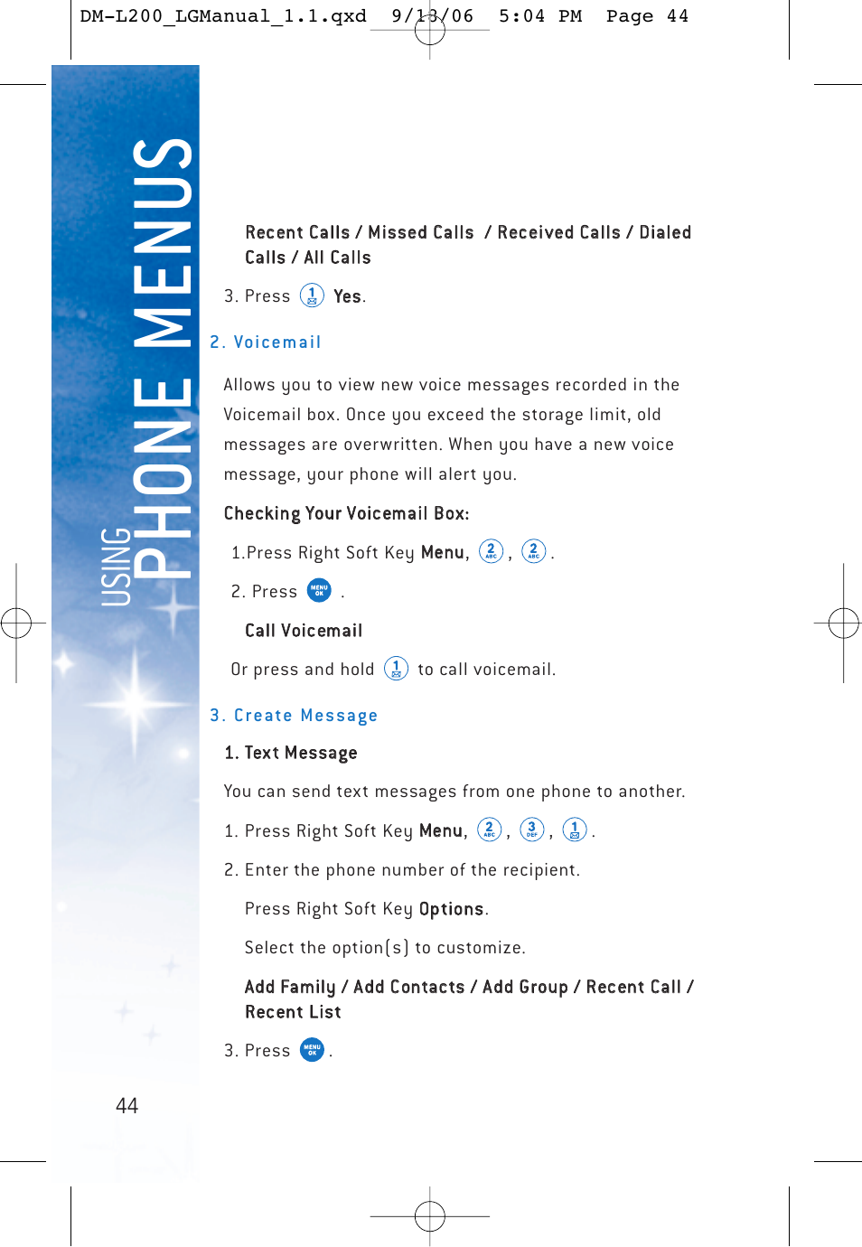Ph o ne menu s, Usi n g | LG DML200 User Manual | Page 46 / 123