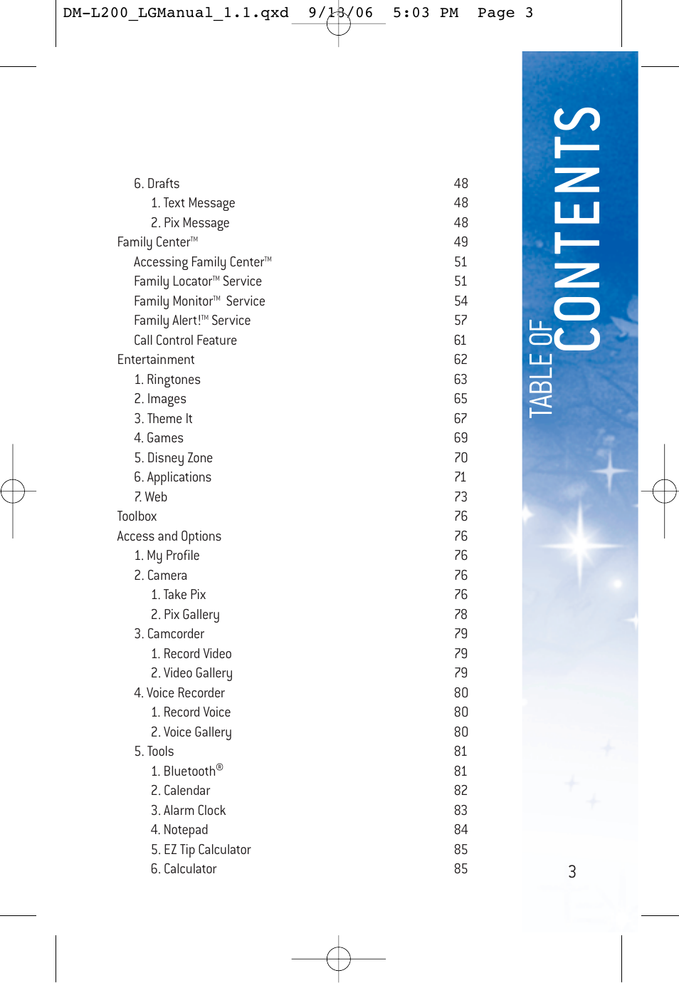 Co ntents, Ta bl e o f | LG DML200 User Manual | Page 5 / 123