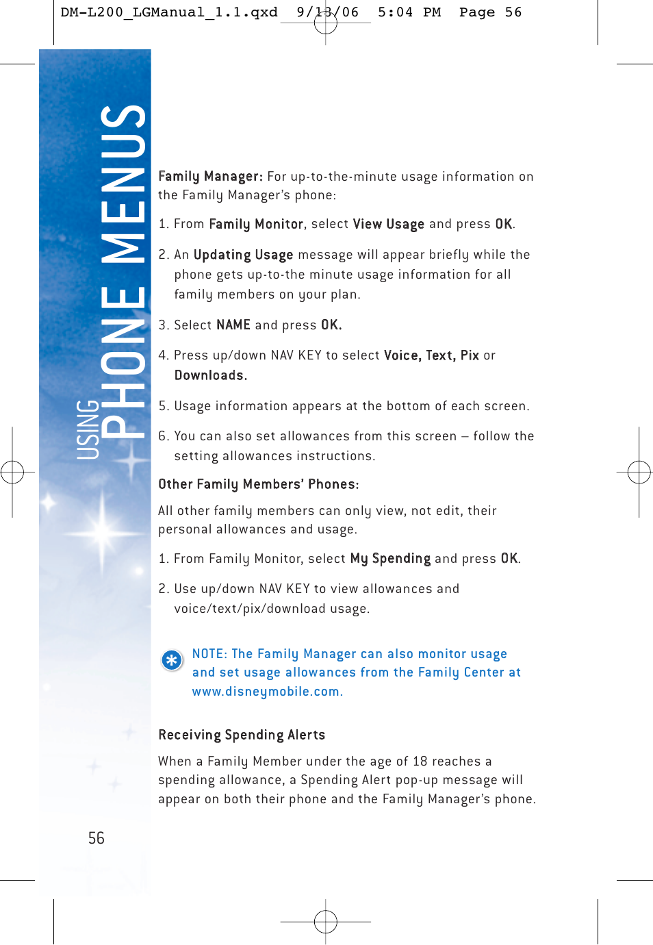 Ph o ne menu s, Usi n g | LG DML200 User Manual | Page 58 / 123