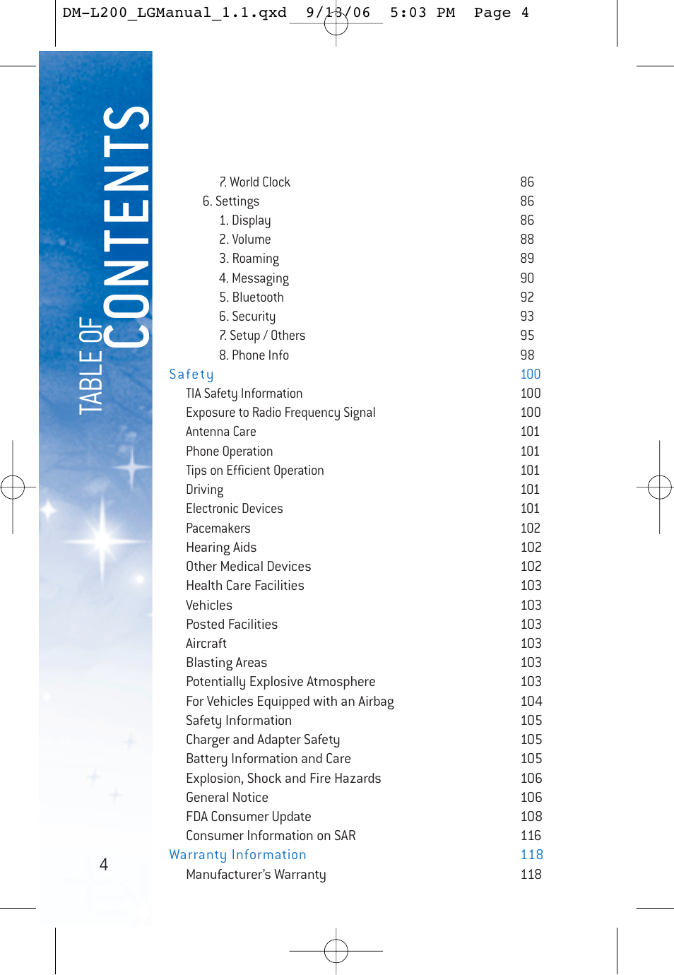Co ntents, Ta bl e o f | LG DML200 User Manual | Page 6 / 123