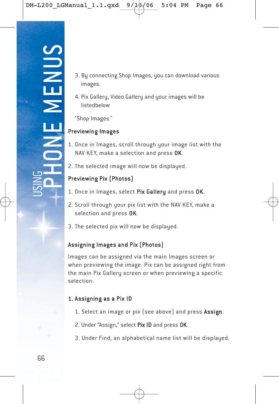 Ph o ne menu s, Usi n g | LG DML200 User Manual | Page 68 / 123