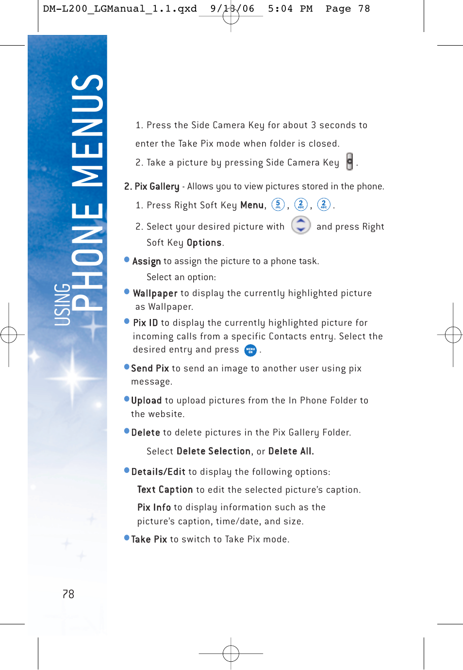 Ph o ne menu s, Usi n g | LG DML200 User Manual | Page 80 / 123