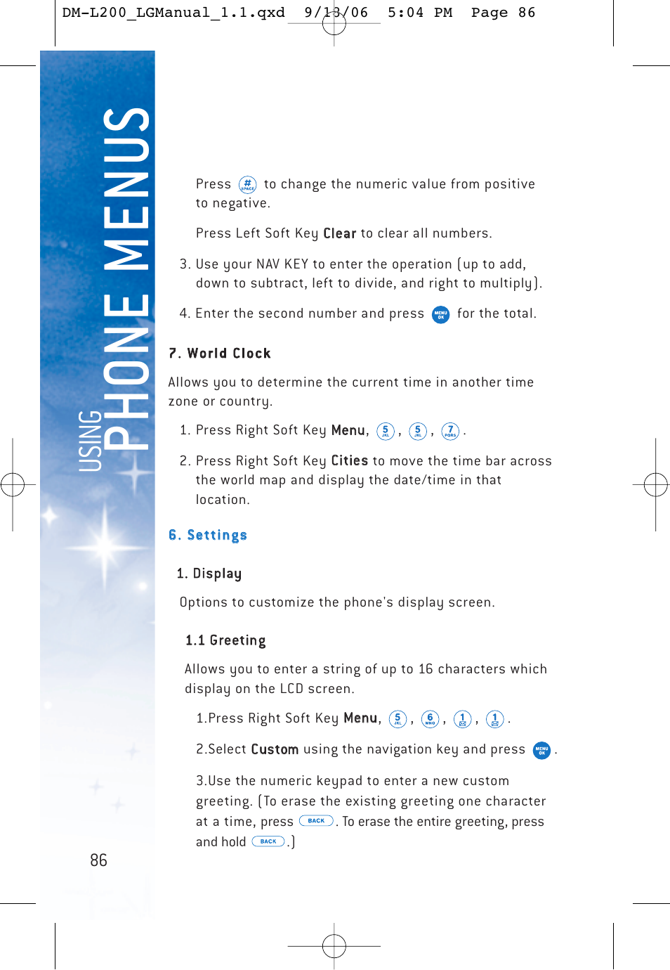 Ph o ne menu s, Usi n g | LG DML200 User Manual | Page 88 / 123