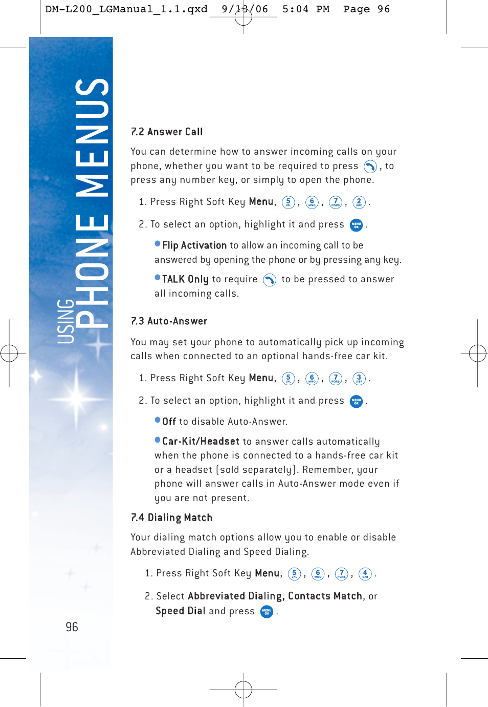 Ph o ne menu s, Usi n g | LG DML200 User Manual | Page 98 / 123