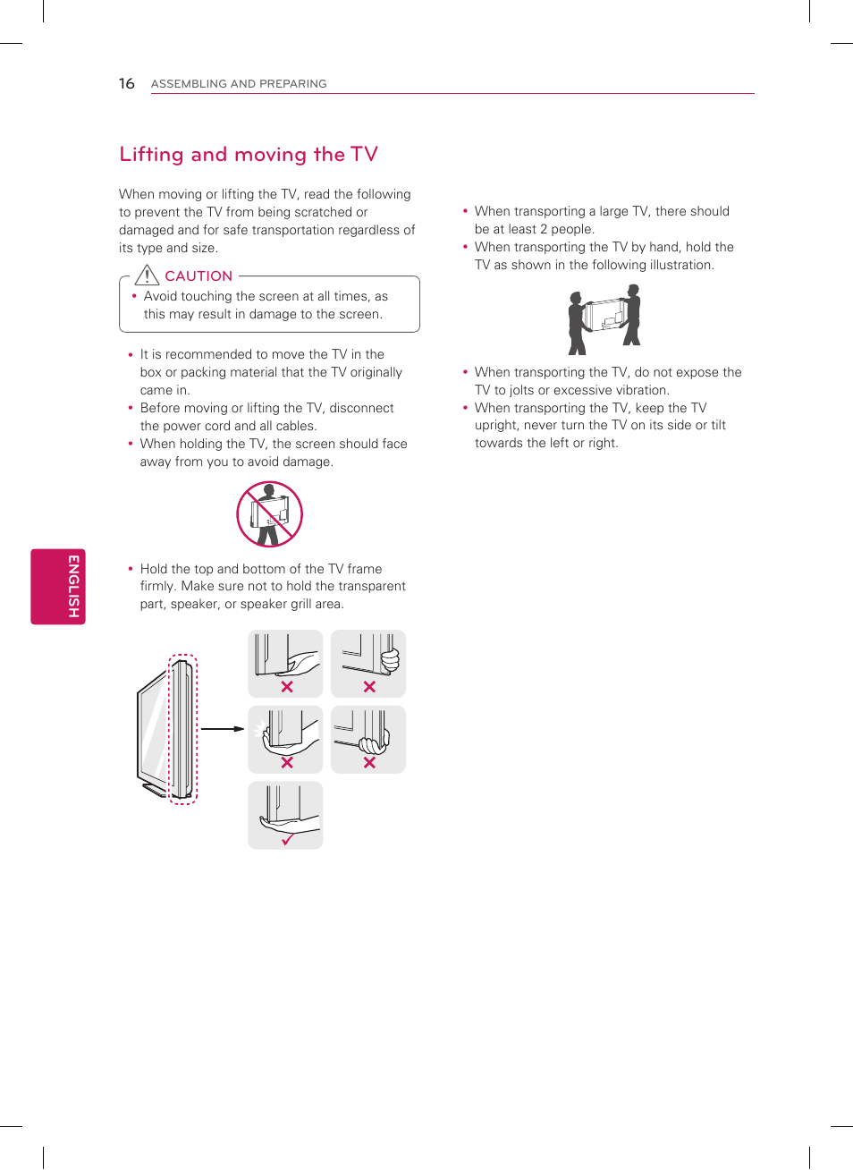 Lifting and moving the tv | LG 26LS3500 User Manual | Page 16 / 40