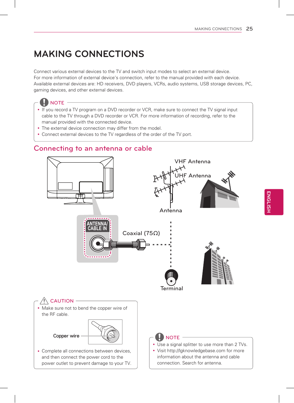 Making connections, Connecting to an antenna or cable | LG 26LS3500 User Manual | Page 25 / 40