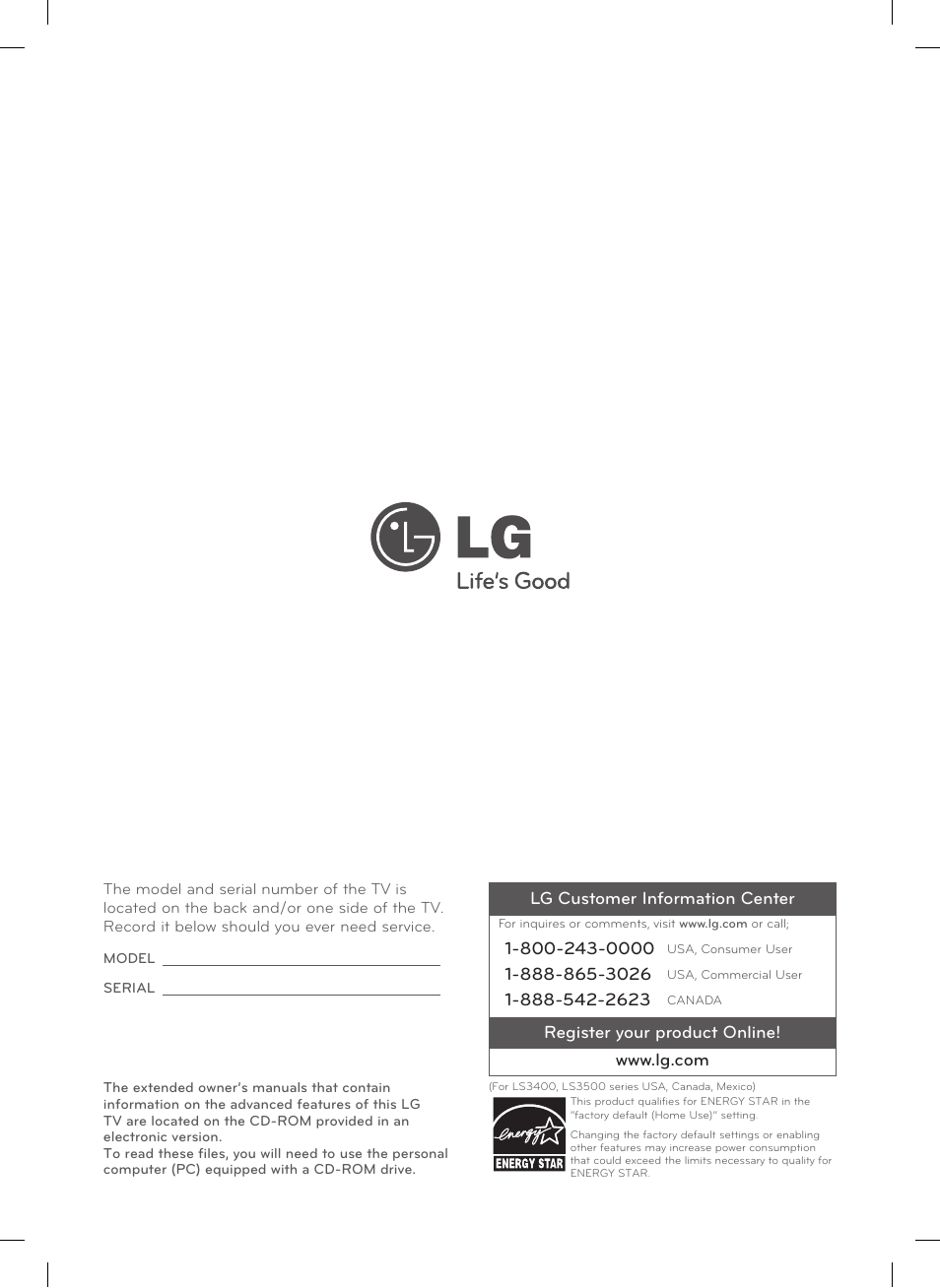 Lg customer information center | LG 26LS3500 User Manual | Page 40 / 40