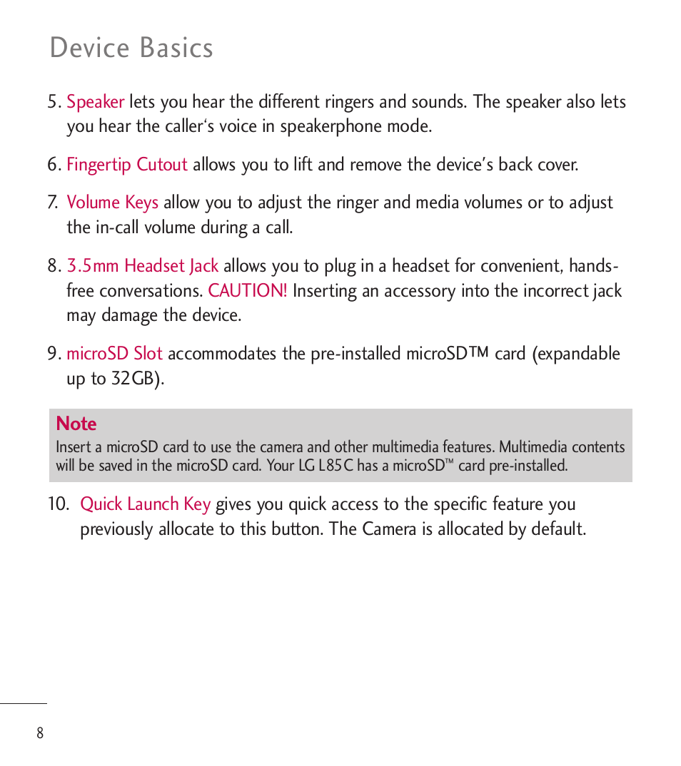 Device basics | LG LGL85C User Manual | Page 10 / 490