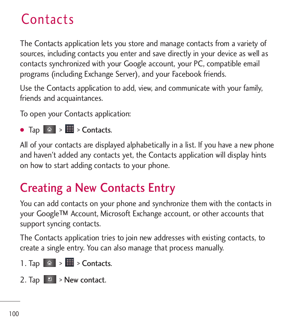 Contacts, Creating a new contacts entry, Creating a new contacts entry 100 | LG LGL85C User Manual | Page 102 / 490