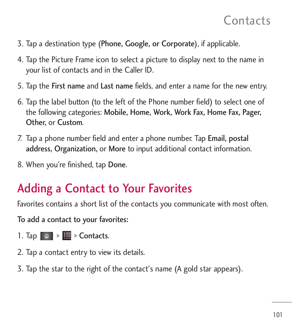 Adding a contact to your favorites, Contacts | LG LGL85C User Manual | Page 103 / 490