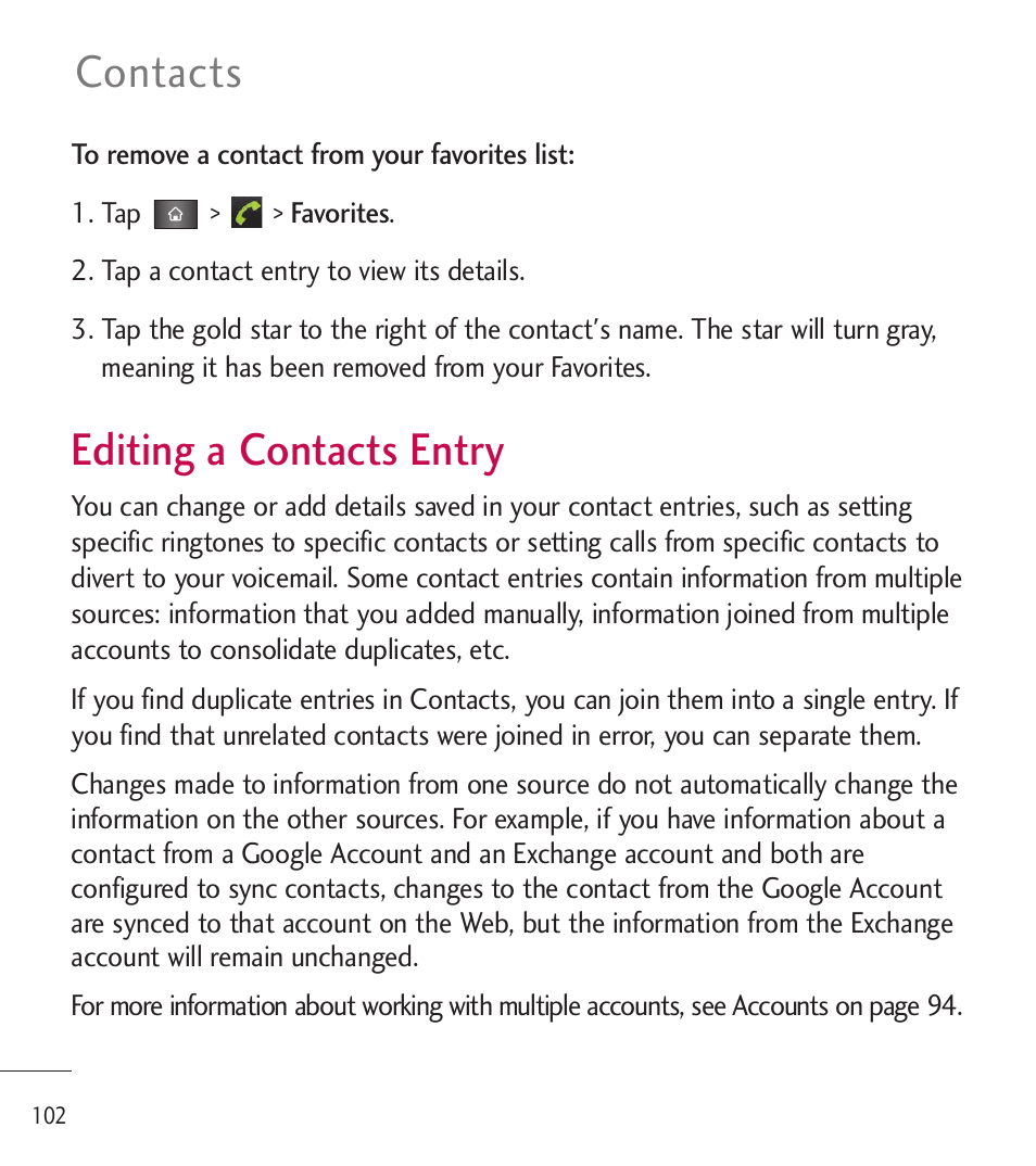 Editing a contacts entry, Contacts | LG LGL85C User Manual | Page 104 / 490