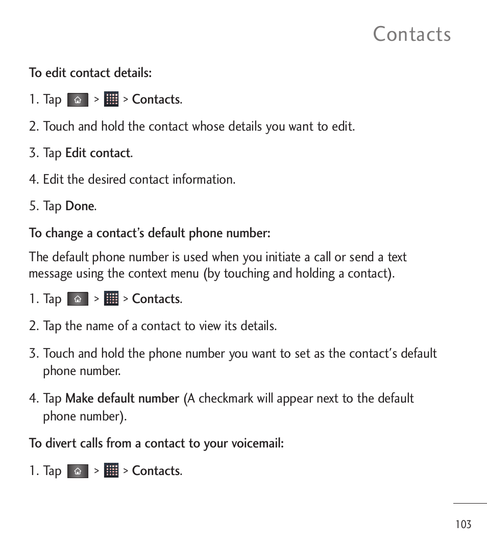 Contacts | LG LGL85C User Manual | Page 105 / 490