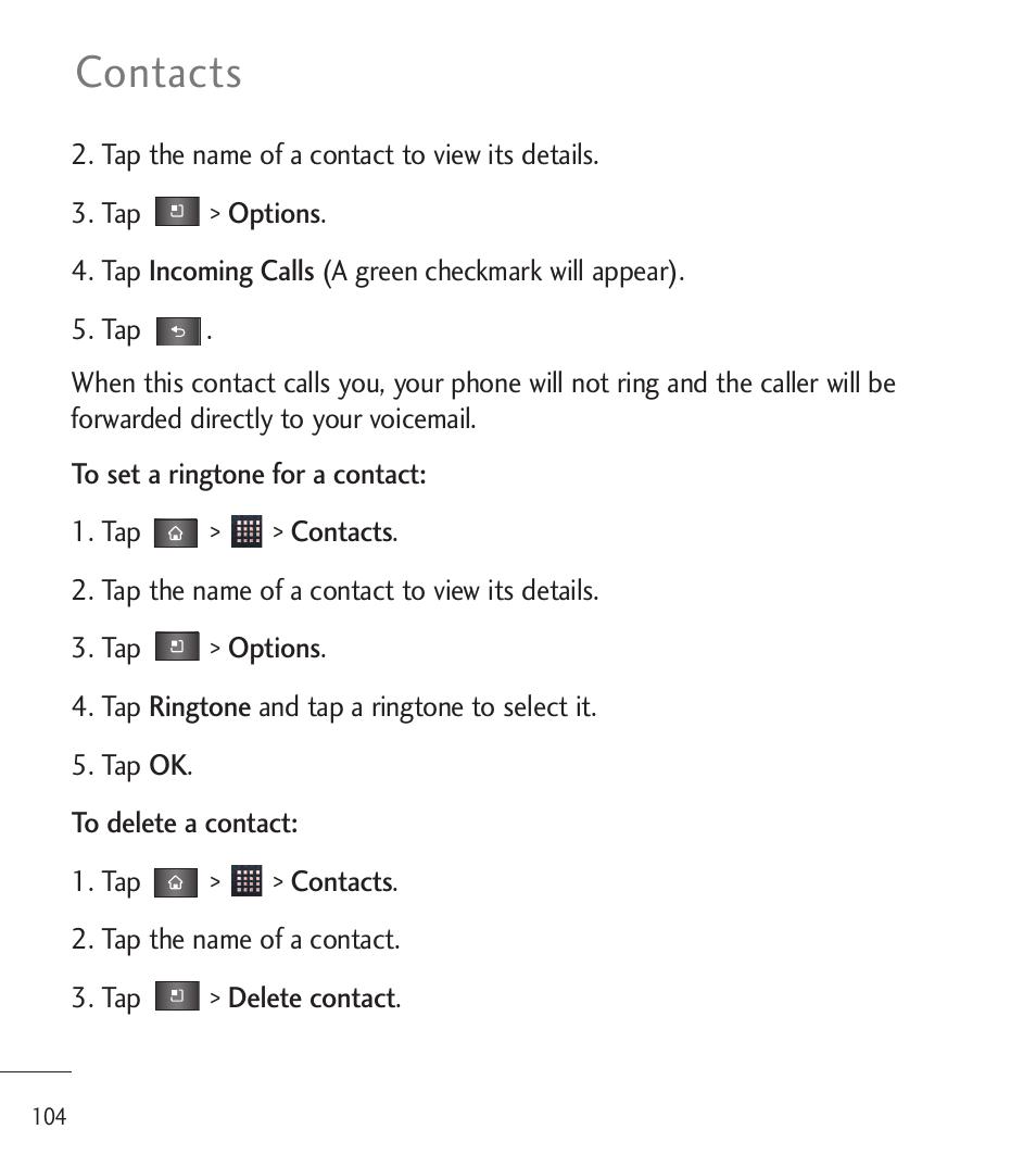 Contacts | LG LGL85C User Manual | Page 106 / 490