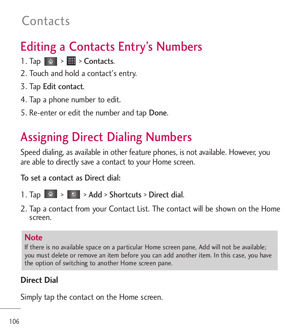 Editing a contacts entry’s numbers, Assigning direct dialing numbers, Editing a contacts entry’s numbers | Assigning direct dialing numbers106, Contacts | LG LGL85C User Manual | Page 108 / 490