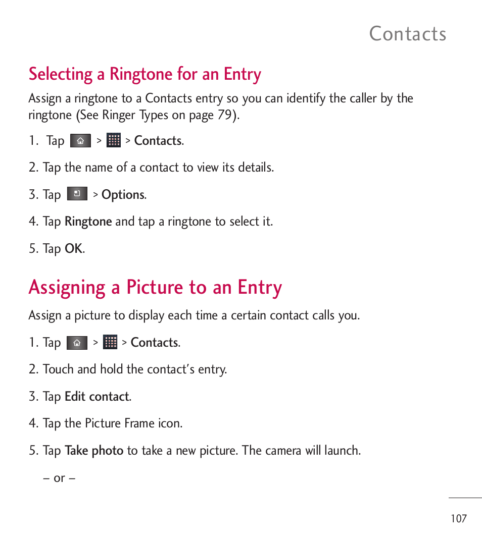 Assigning a picture to an entry, Assigning a picture to an entry 107, Contacts | Selecting a ringtone for an entry | LG LGL85C User Manual | Page 109 / 490