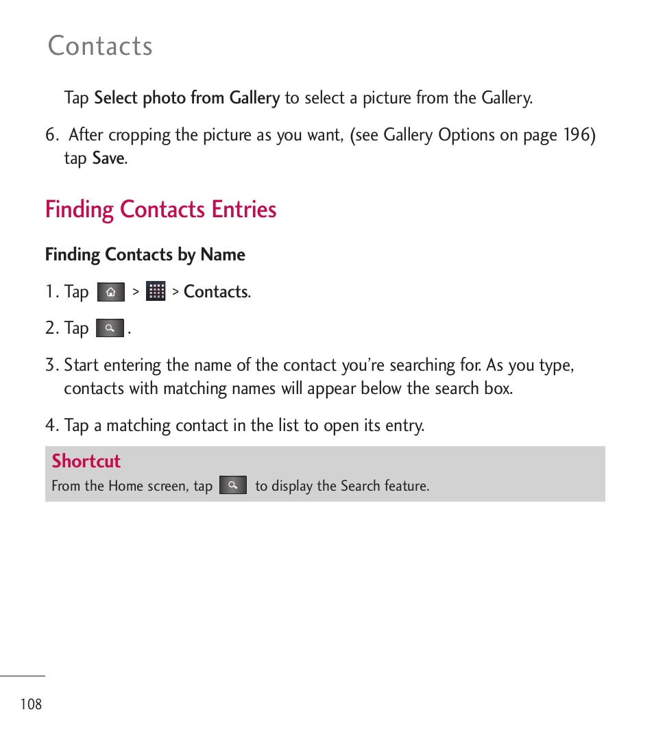 Contacts, Finding contacts entries | LG LGL85C User Manual | Page 110 / 490