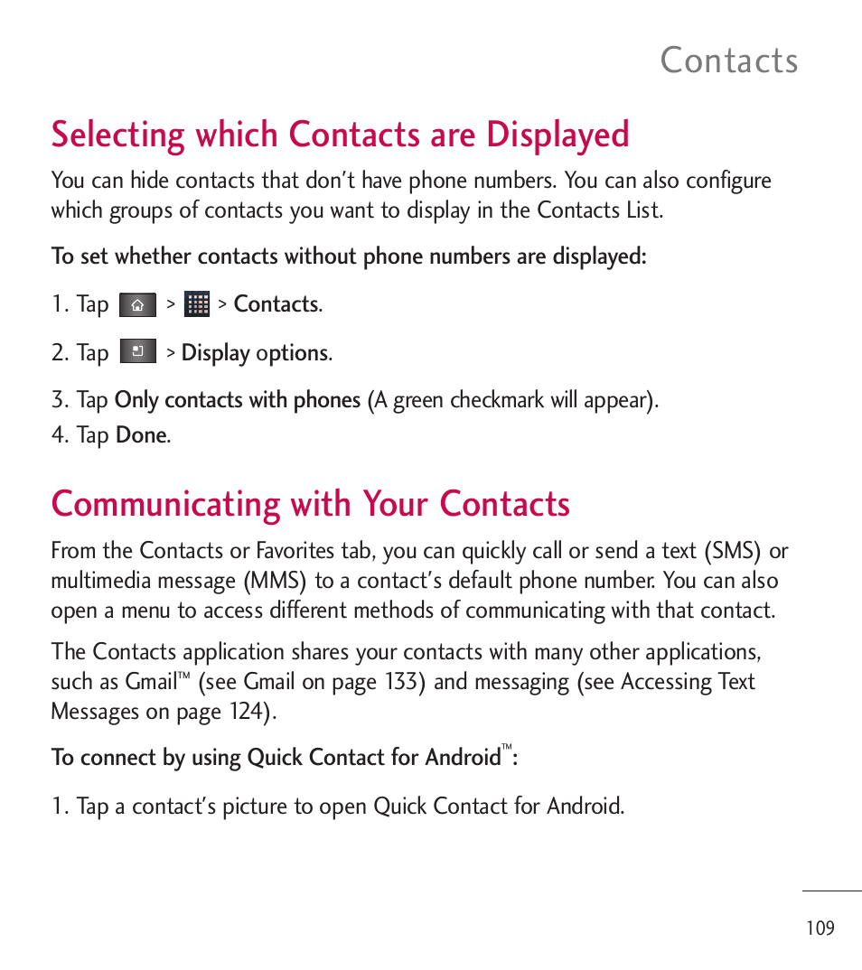 Selecting which contacts are displayed, Communicating with your contacts, Contacts | LG LGL85C User Manual | Page 111 / 490