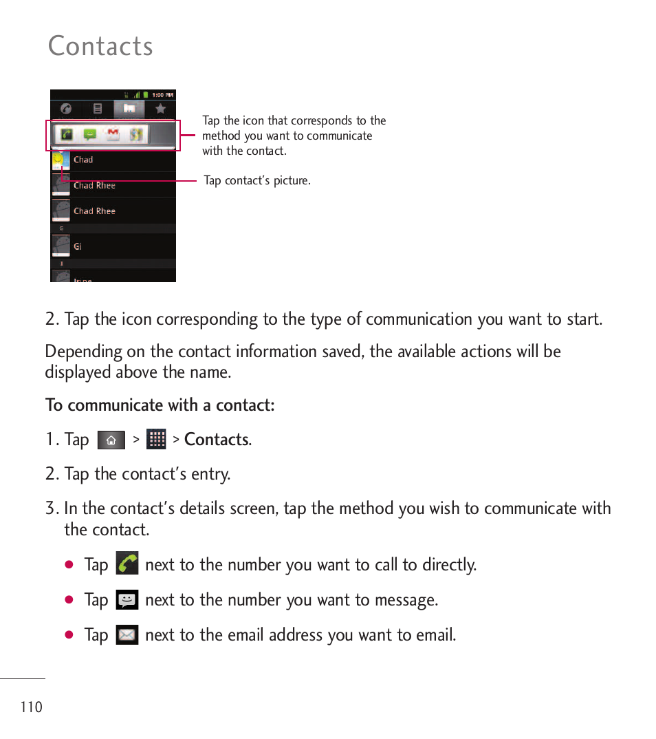 Contacts | LG LGL85C User Manual | Page 112 / 490