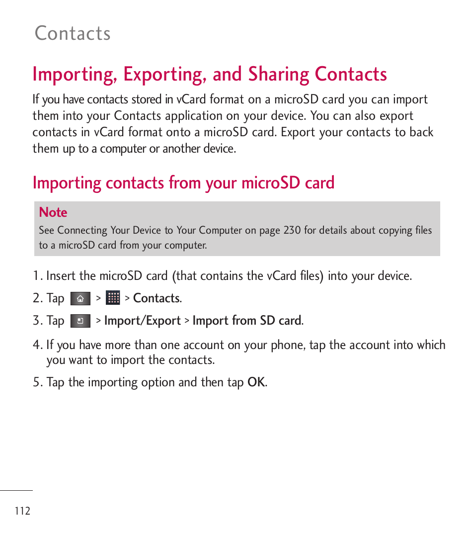 Importing, exporting, and sharing contacts, Contacts, Importing contacts from your microsd card | LG LGL85C User Manual | Page 114 / 490