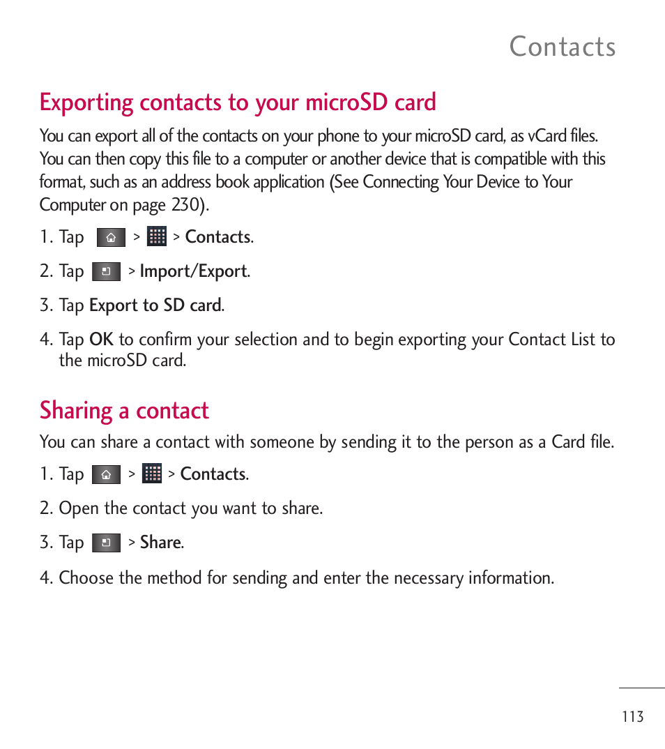 Contacts, Exporting contacts to your microsd card, Sharing a contact | LG LGL85C User Manual | Page 115 / 490