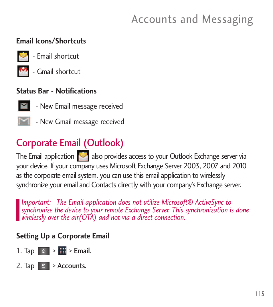 Accounts and messaging, Corporate email (outlook) | LG LGL85C User Manual | Page 117 / 490