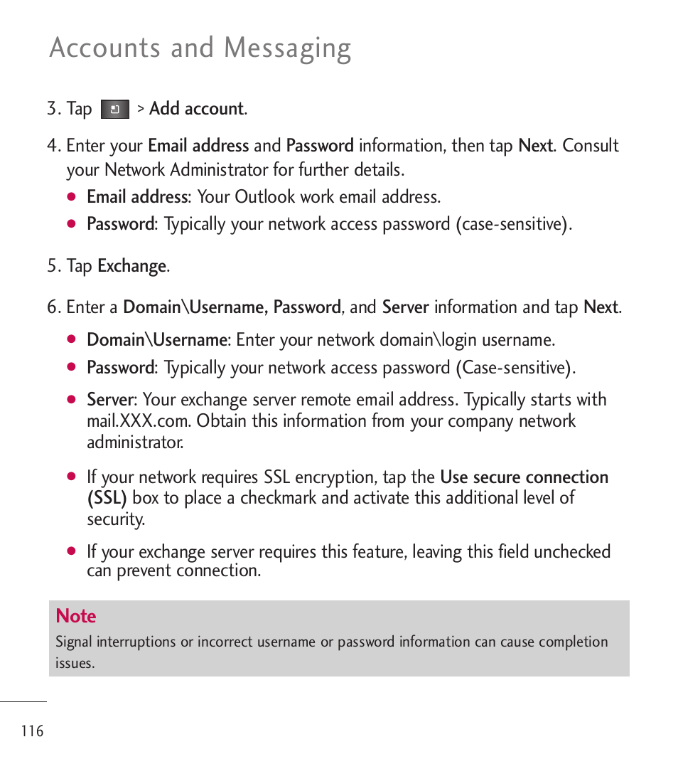 Accounts and messaging | LG LGL85C User Manual | Page 118 / 490