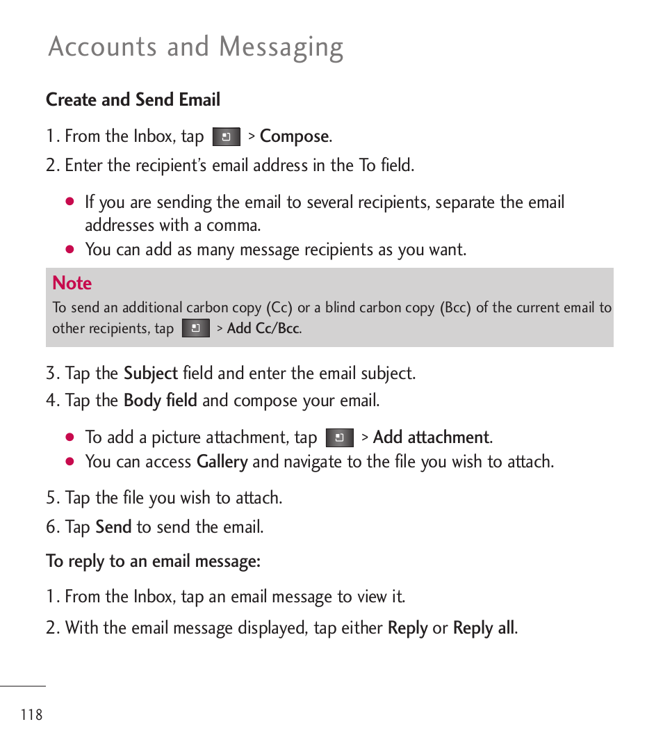 Accounts and messaging | LG LGL85C User Manual | Page 120 / 490