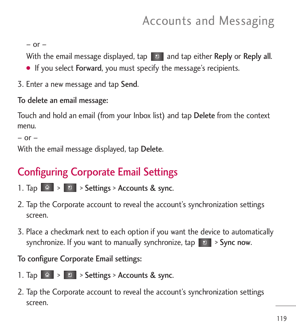 Accounts and messaging, Configuring corporate email settings | LG LGL85C User Manual | Page 121 / 490