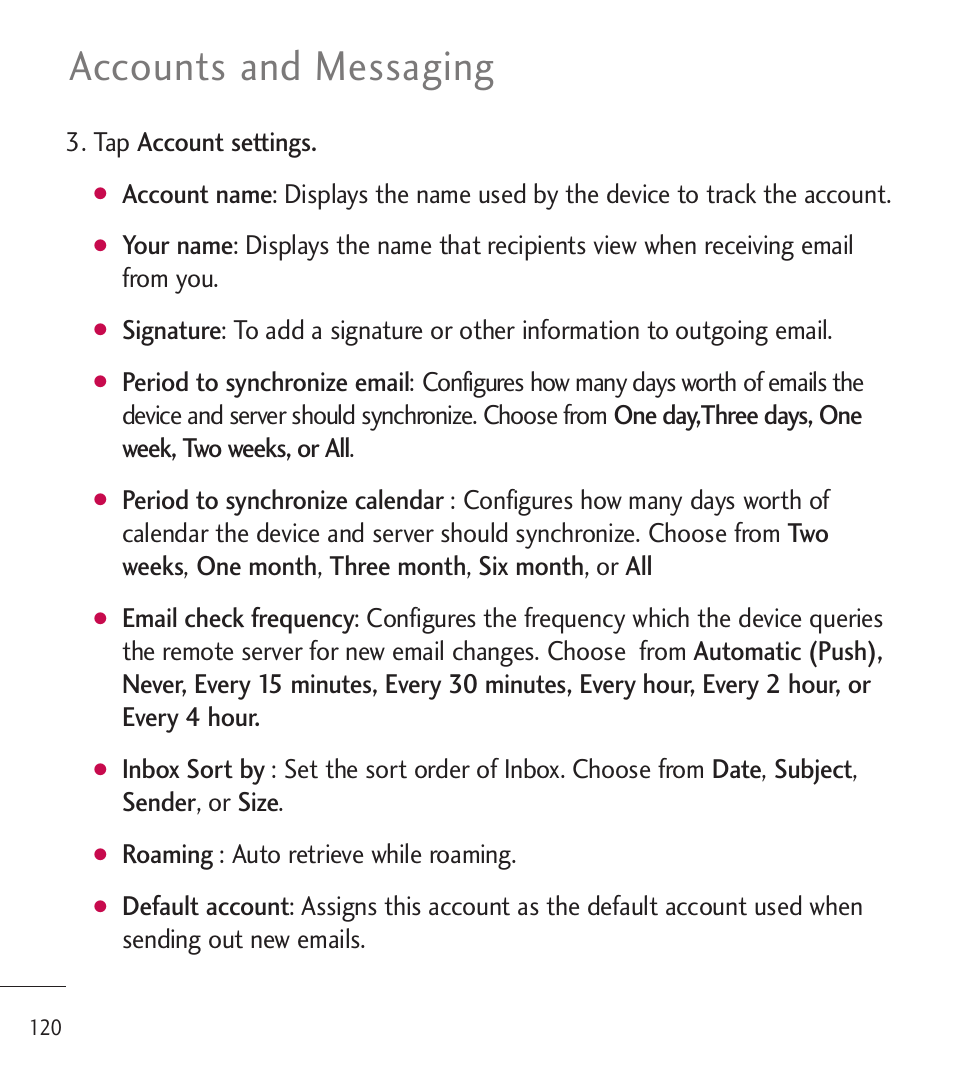 Accounts and messaging | LG LGL85C User Manual | Page 122 / 490