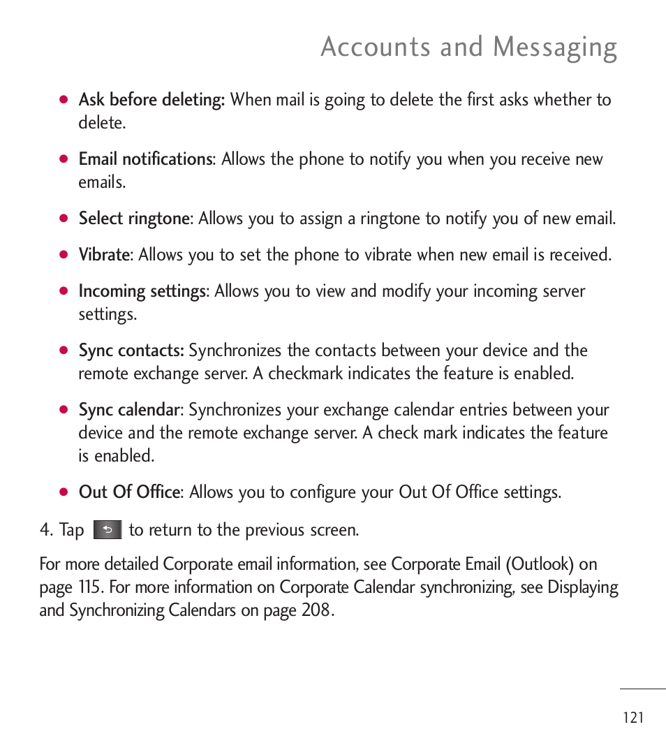 Accounts and messaging | LG LGL85C User Manual | Page 123 / 490