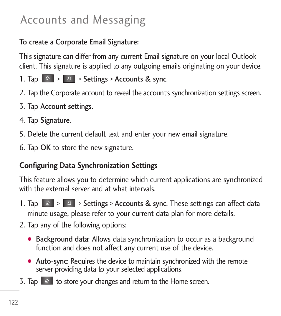 Accounts and messaging | LG LGL85C User Manual | Page 124 / 490