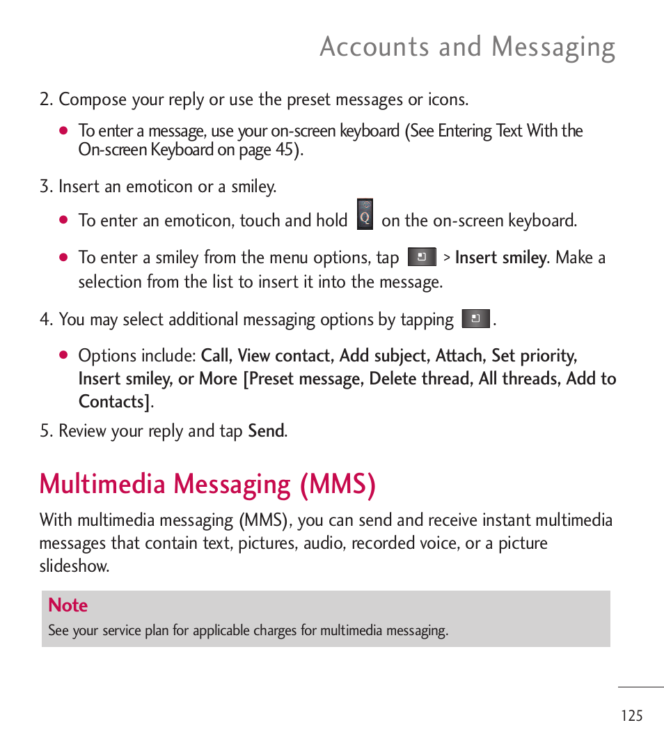Multimedia messaging (mms), Accounts and messaging | LG LGL85C User Manual | Page 127 / 490