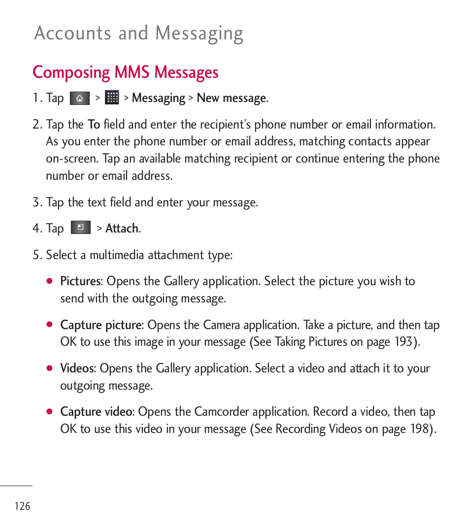 Accounts and messaging, Composing mms messages | LG LGL85C User Manual | Page 128 / 490