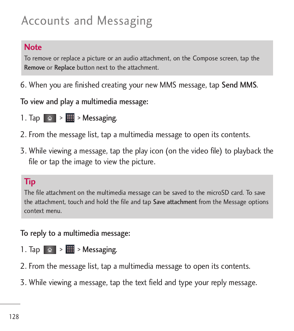 Accounts and messaging | LG LGL85C User Manual | Page 130 / 490