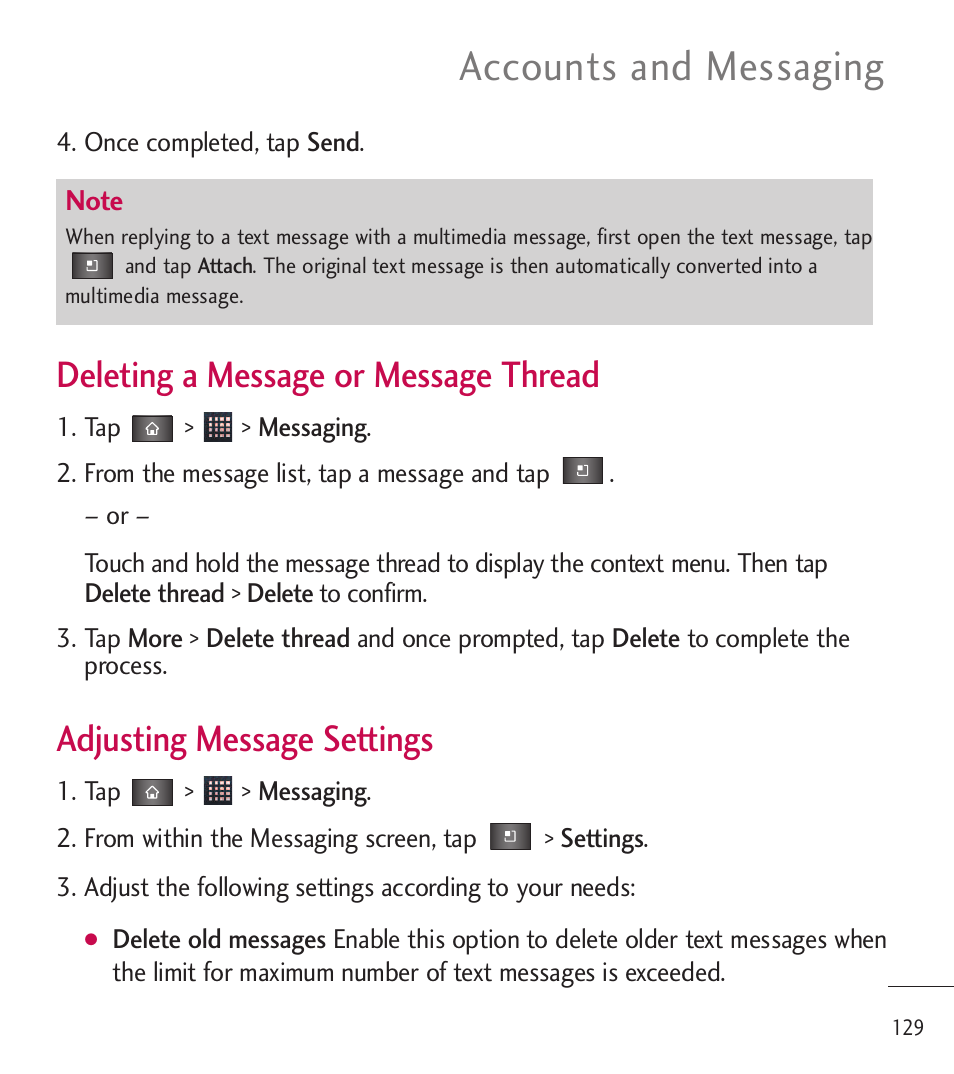 Accounts and messaging, Deleting a message or message thread, Adjusting message settings | LG LGL85C User Manual | Page 131 / 490