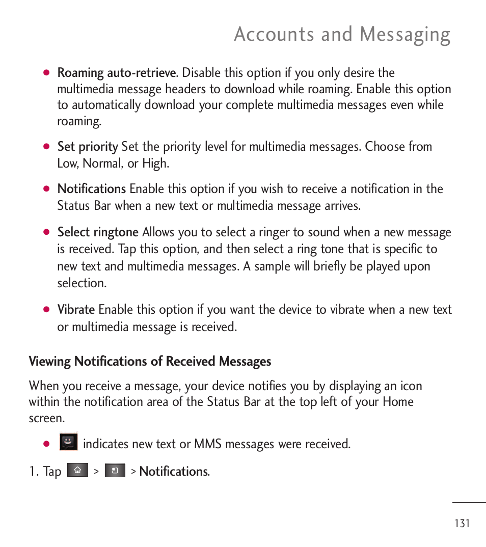 Accounts and messaging, Viewing notifications of received messages | LG LGL85C User Manual | Page 133 / 490