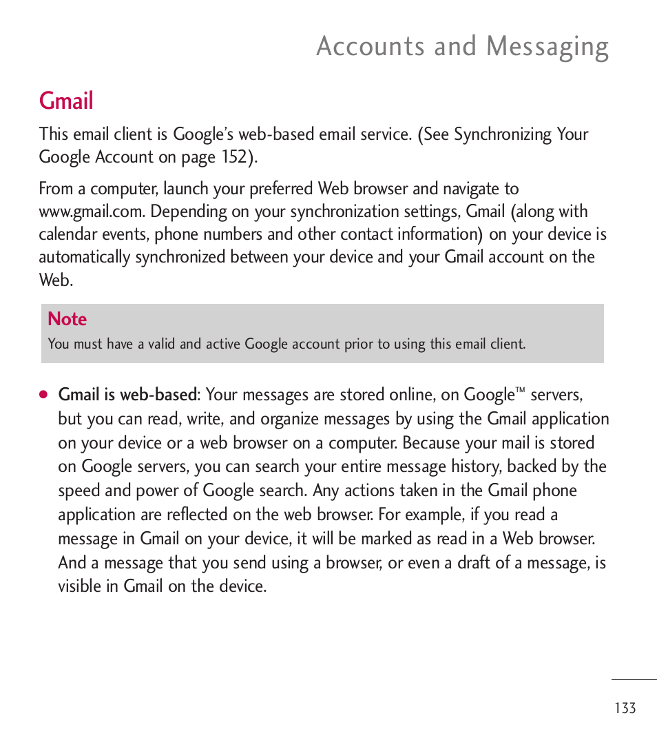 Accounts and messaging, Gmail | LG LGL85C User Manual | Page 135 / 490