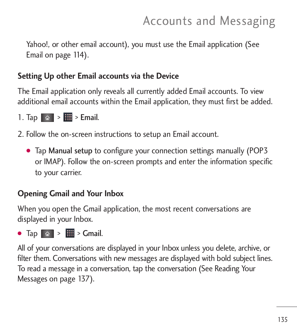 Accounts and messaging | LG LGL85C User Manual | Page 137 / 490