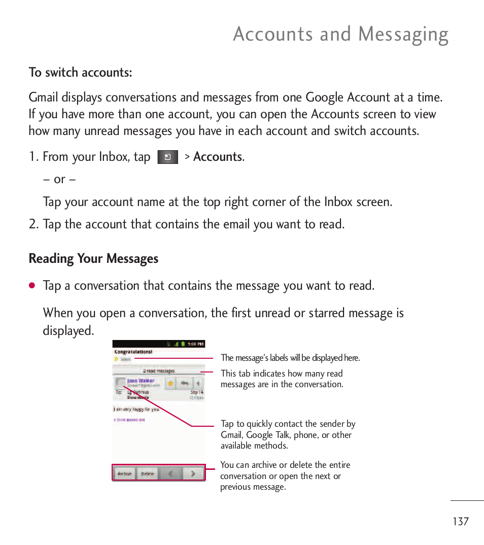 Accounts and messaging | LG LGL85C User Manual | Page 139 / 490