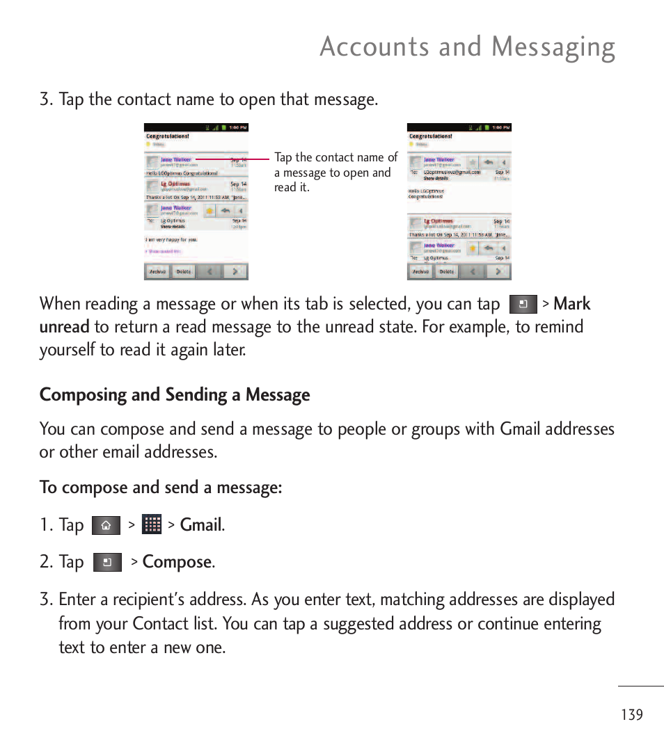 Accounts and messaging | LG LGL85C User Manual | Page 141 / 490