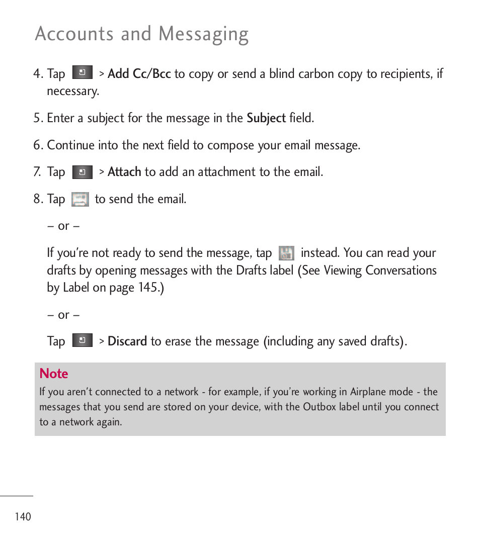 Accounts and messaging | LG LGL85C User Manual | Page 142 / 490