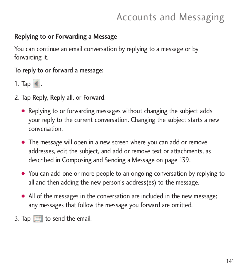 Accounts and messaging | LG LGL85C User Manual | Page 143 / 490