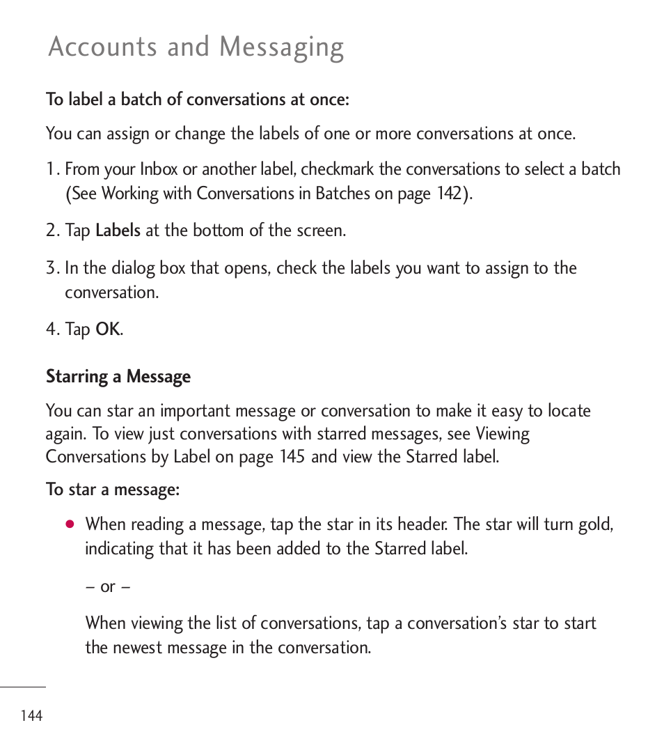 Accounts and messaging | LG LGL85C User Manual | Page 146 / 490