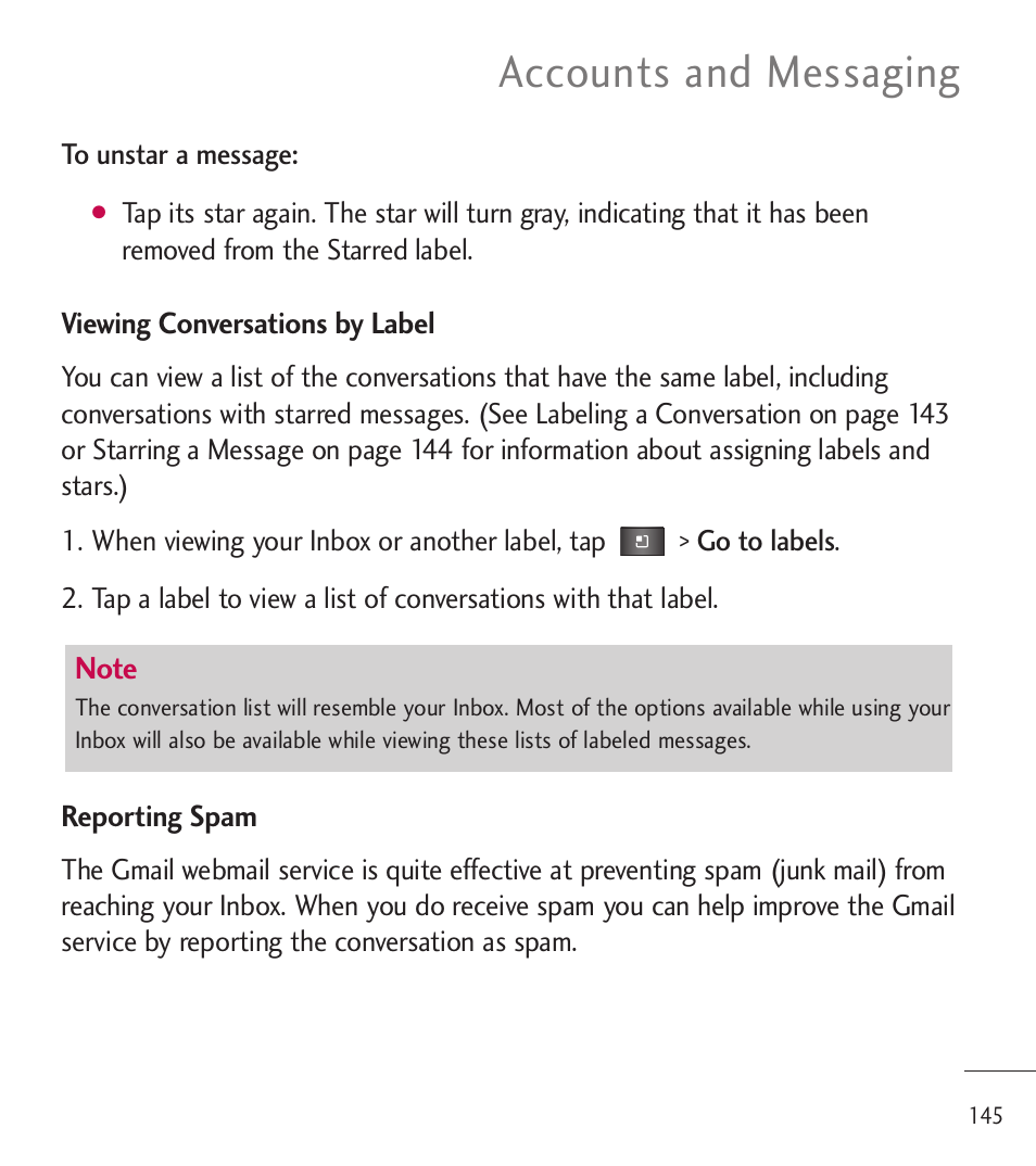 Accounts and messaging | LG LGL85C User Manual | Page 147 / 490