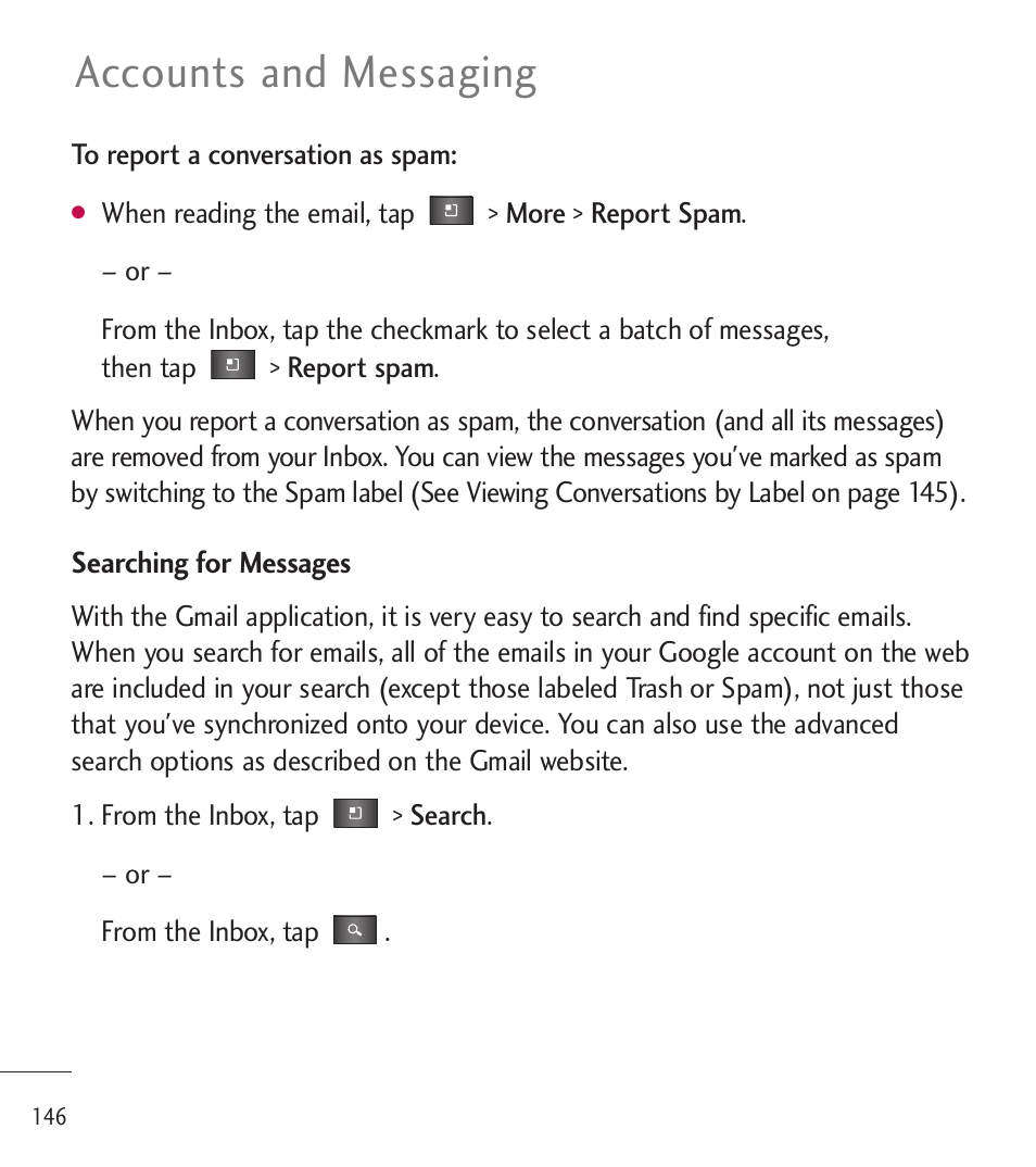 Accounts and messaging | LG LGL85C User Manual | Page 148 / 490