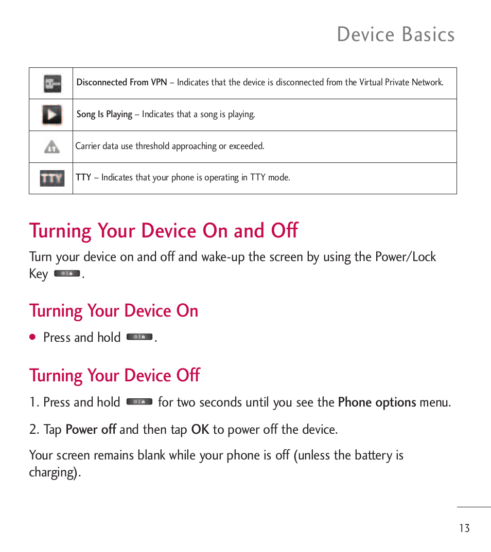 Turning your device on and off, Turning your device on and off 13, Device basics | Turning your device on, Turning your device off | LG LGL85C User Manual | Page 15 / 490