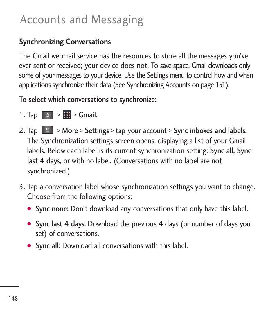 Accounts and messaging | LG LGL85C User Manual | Page 150 / 490