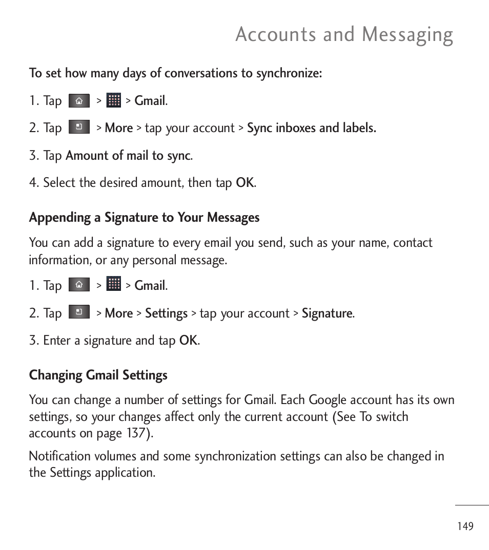 Accounts and messaging | LG LGL85C User Manual | Page 151 / 490