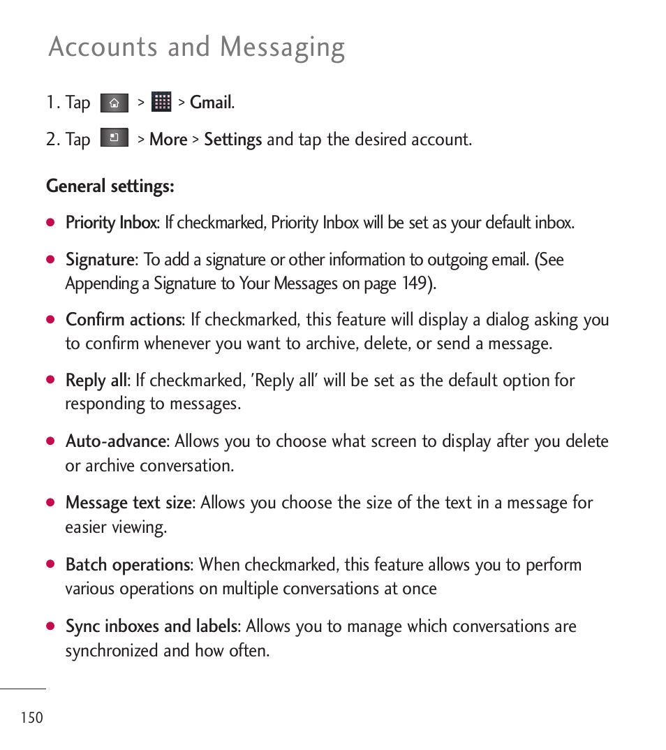 Accounts and messaging, General settings | LG LGL85C User Manual | Page 152 / 490