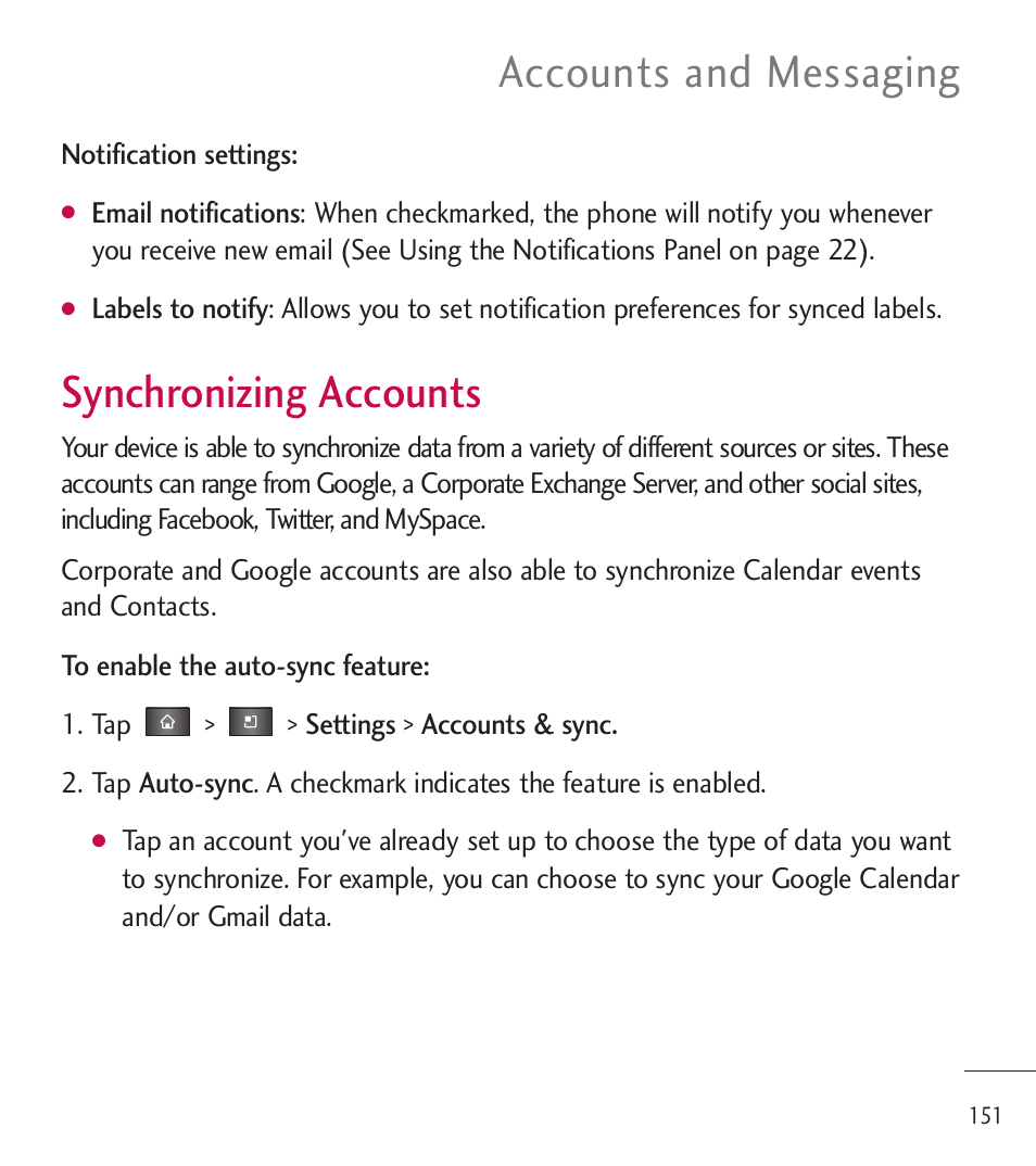 Synchronizing accounts, Accounts and messaging | LG LGL85C User Manual | Page 153 / 490